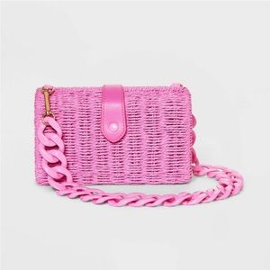 Pink straw chain shoulder handbag